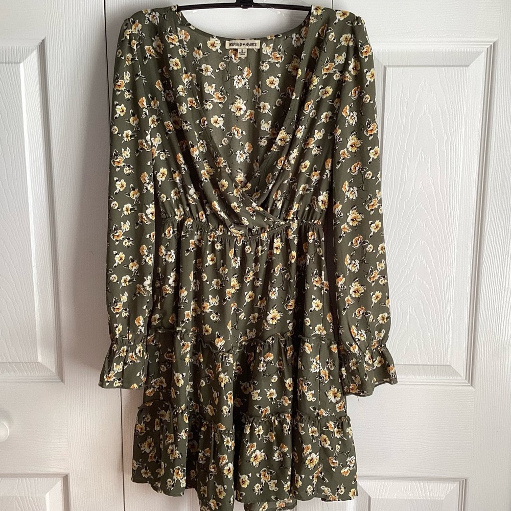 Inspired Hearts Long Sleeve Olive W/ Floral print Mini Dress Ruffled Size S